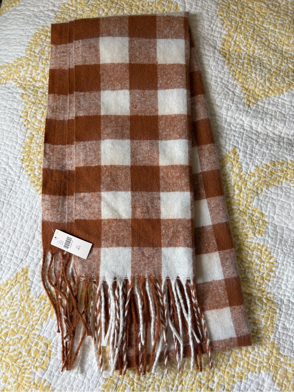 Maeve Rust Brown and White Buffalo Check Fringe Scarf